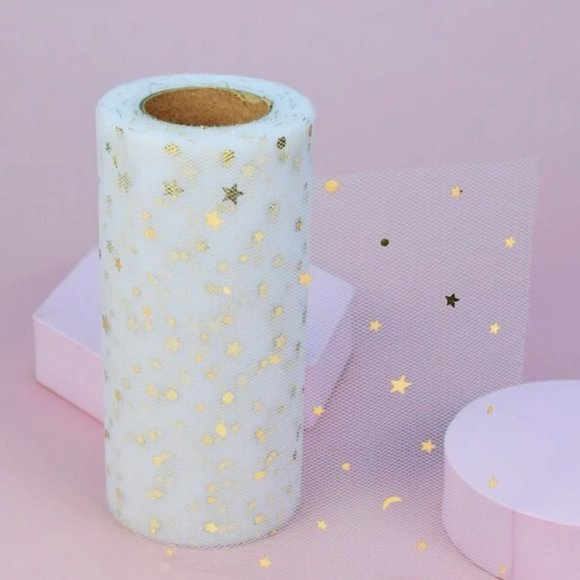 3 Rolls White Mesh Tulle Wide Ribbon with Gold Moons & Stars - Picture 12 of 12